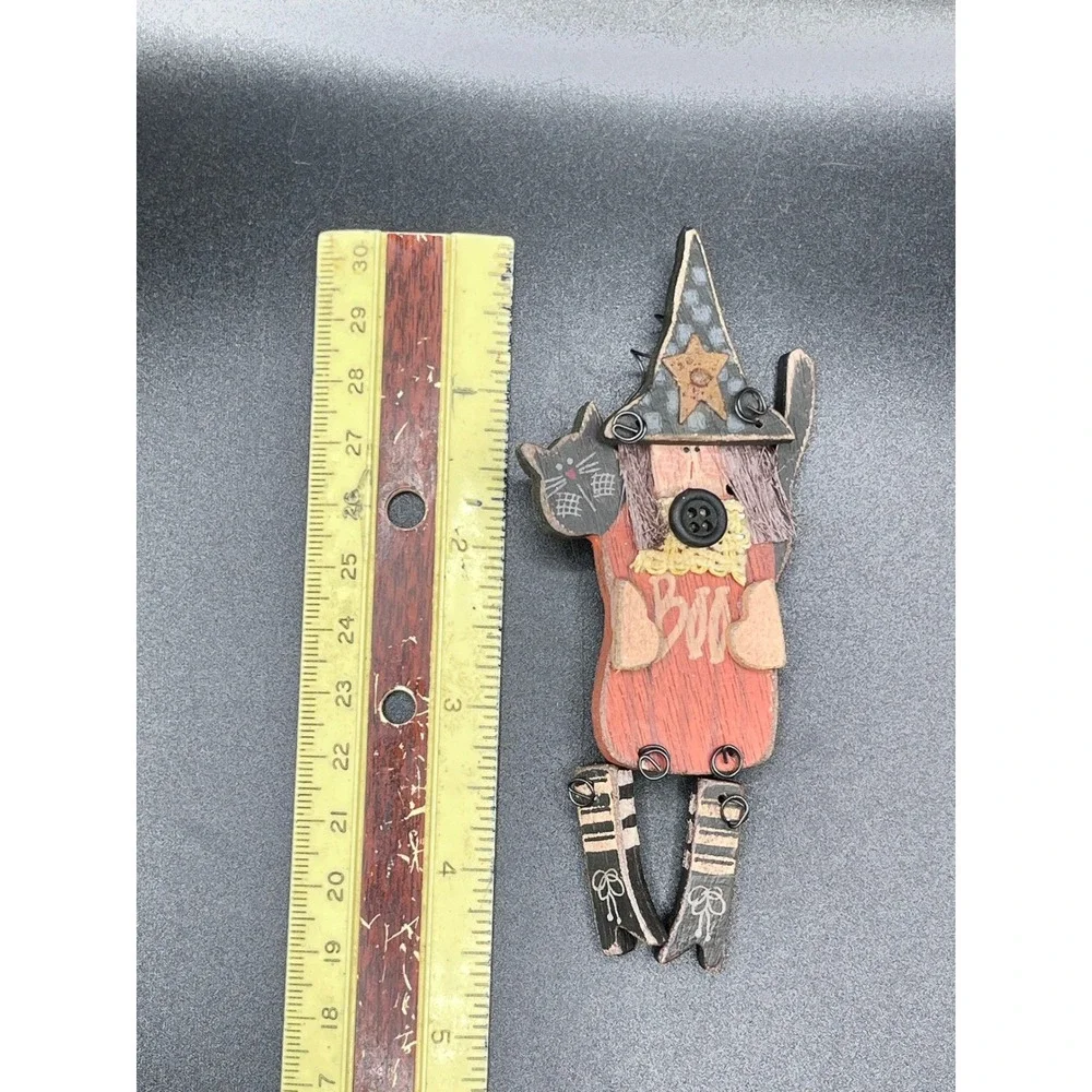 Wooden Witch Cat Halloween Brooch Pin Festive‎ Spooky Boo Witchcore Folk Art Vtg